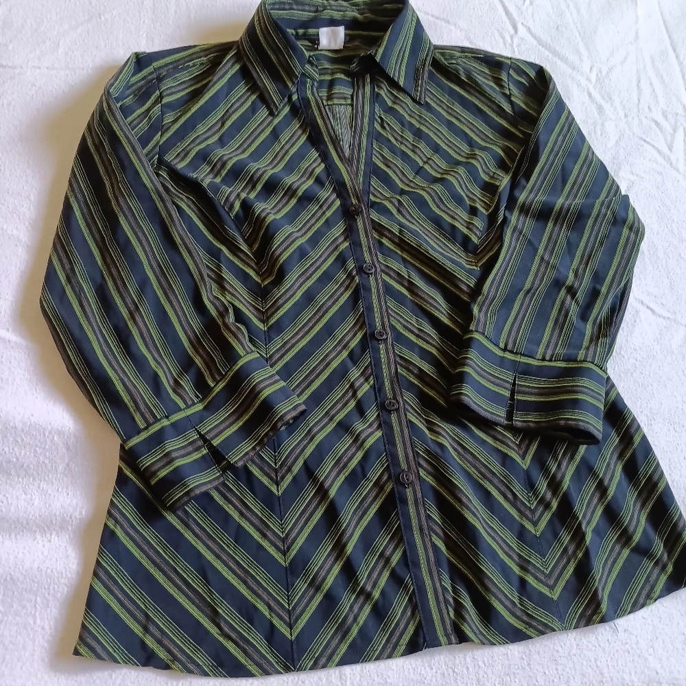 Maurices Women’s Small Striped Button Front Shirt Green Black Casual